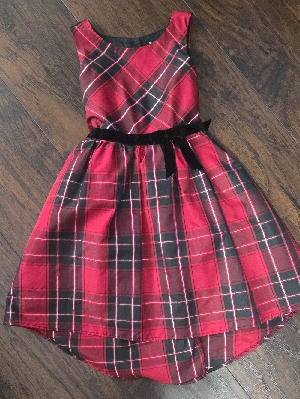 lilt Red and Black Plaid Velvet Waist Tie Party Dress